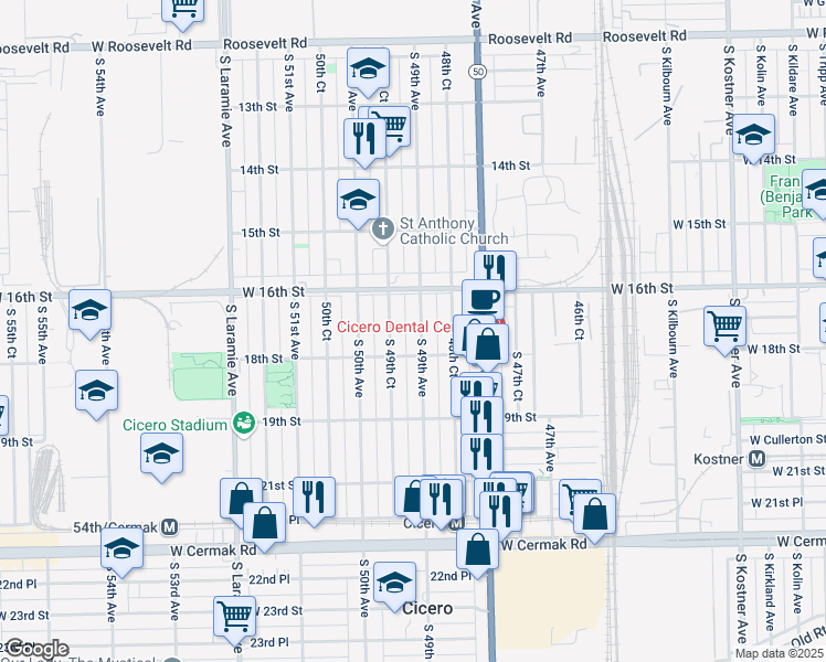map of restaurants, bars, coffee shops, grocery stores, and more near 1624 South 49th Avenue in Chicago