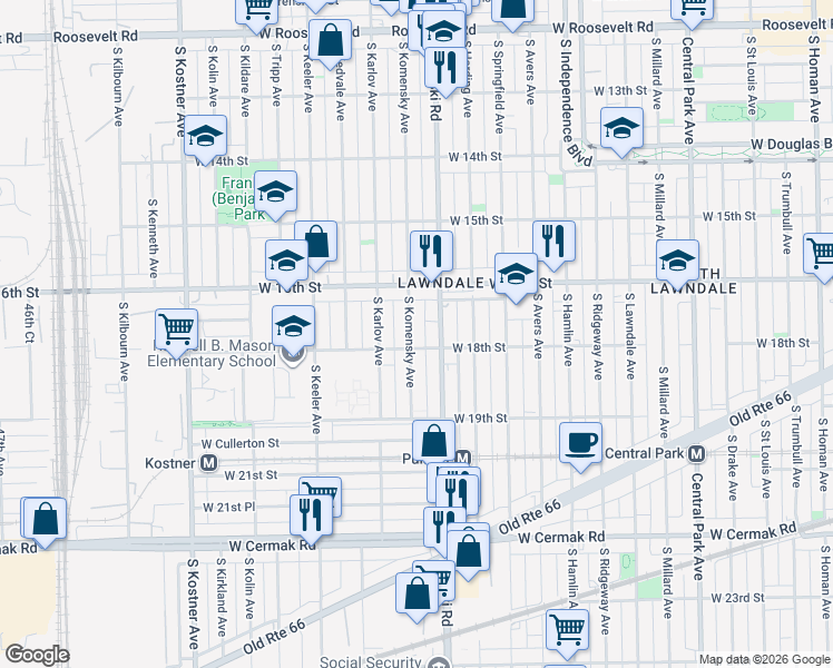 map of restaurants, bars, coffee shops, grocery stores, and more near 1647 South Komensky Avenue in Chicago