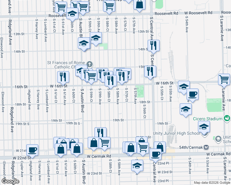 map of restaurants, bars, coffee shops, grocery stores, and more near 1618 South 58th Avenue in Cicero