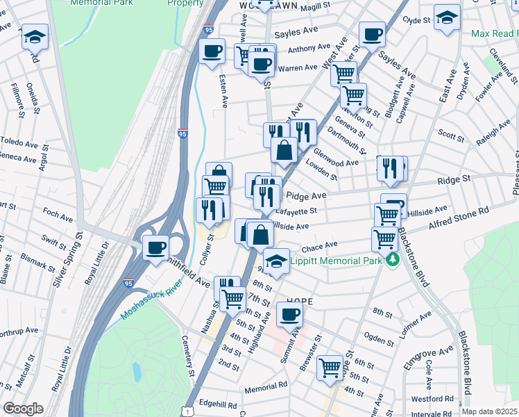map of restaurants, bars, coffee shops, grocery stores, and more near 603 Pawtucket Avenue in Pawtucket