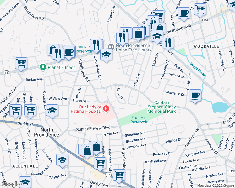 map of restaurants, bars, coffee shops, grocery stores, and more near 300 Smithfield Road in North Providence