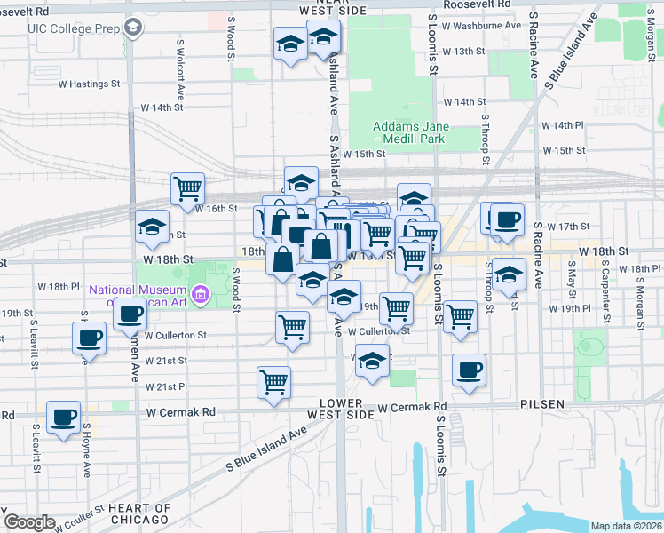 map of restaurants, bars, coffee shops, grocery stores, and more near 1808 South Ashland Avenue in Chicago