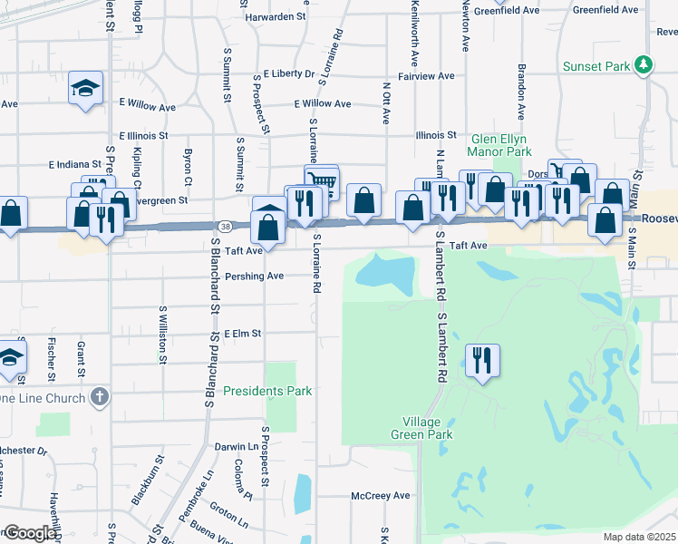 map of restaurants, bars, coffee shops, grocery stores, and more near 889 South Lorraine Road in Wheaton