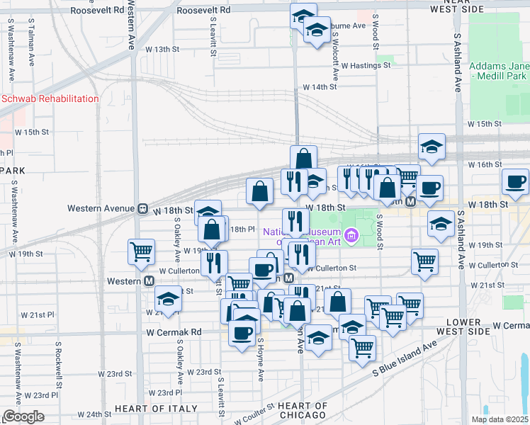 map of restaurants, bars, coffee shops, grocery stores, and more near 2051 West 18th Street in Chicago