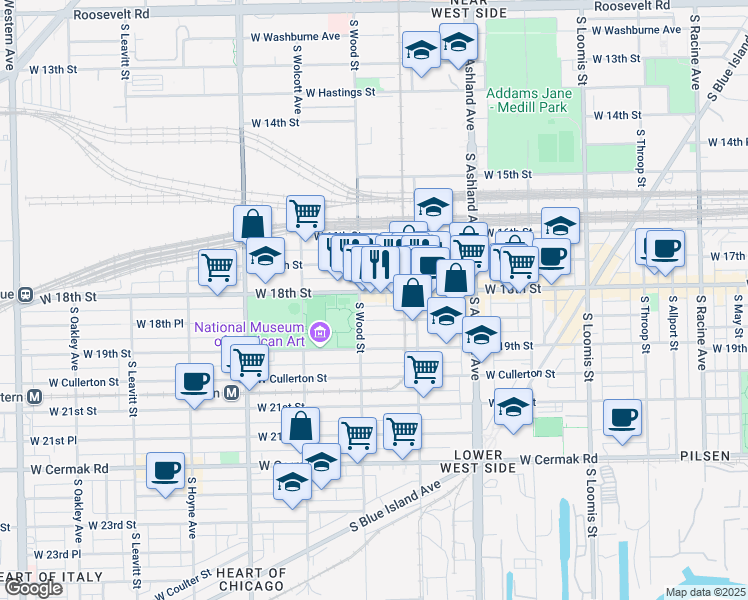 map of restaurants, bars, coffee shops, grocery stores, and more near 1747 West 18th Street in Chicago