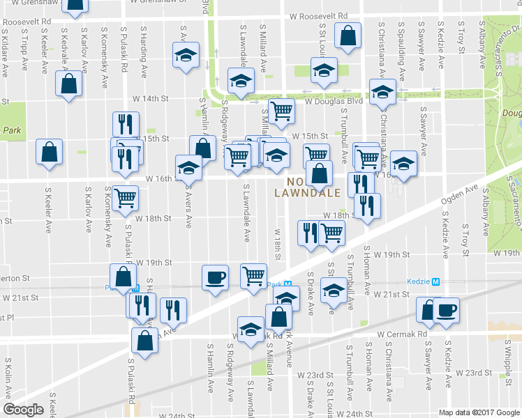 map of restaurants, bars, coffee shops, grocery stores, and more near 1650 South Millard Avenue in Chicago