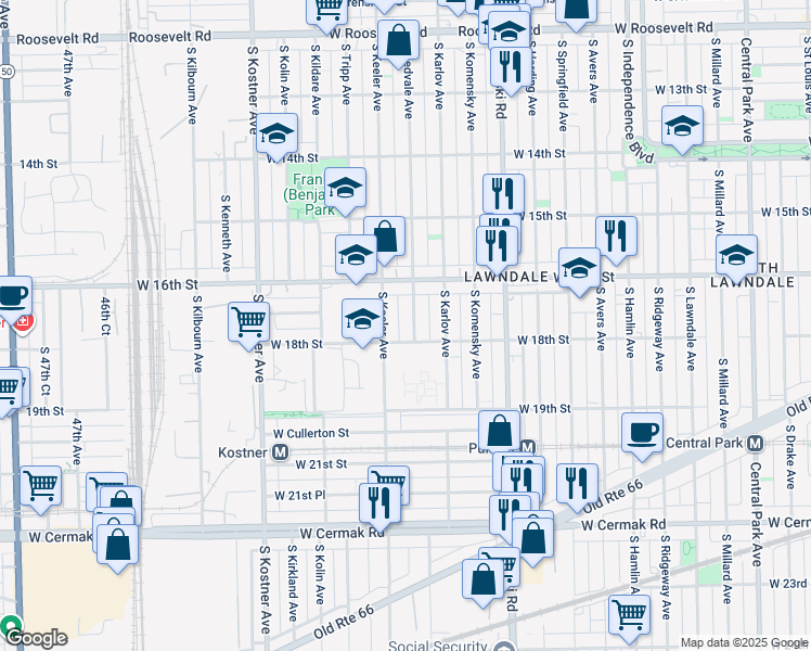 map of restaurants, bars, coffee shops, grocery stores, and more near 1644 Kedvale Avenue in Chicago