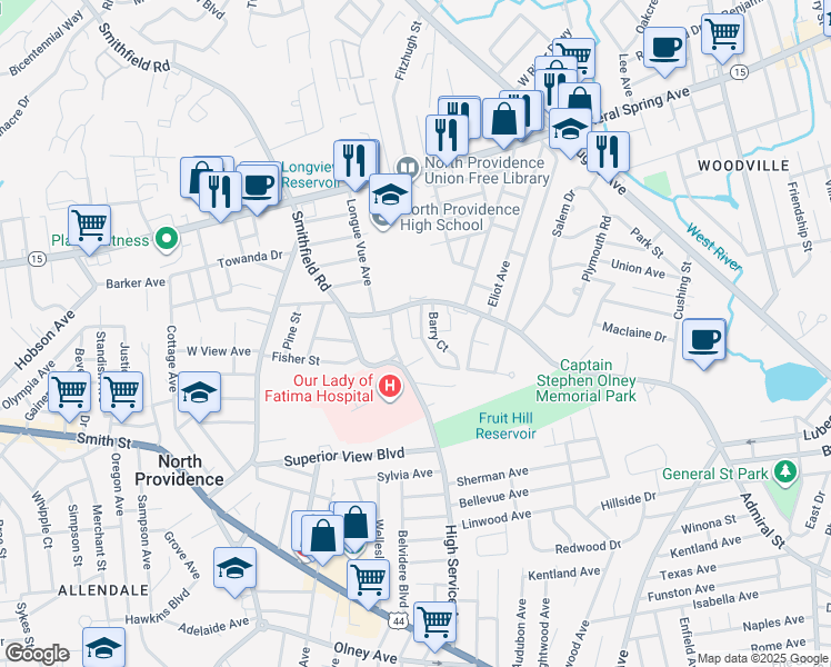 map of restaurants, bars, coffee shops, grocery stores, and more near 300 Smithfield Road in North Providence