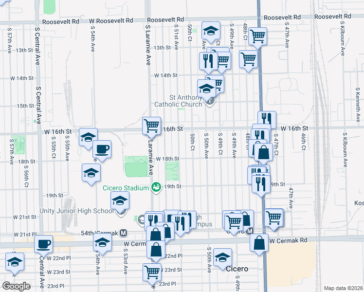 map of restaurants, bars, coffee shops, grocery stores, and more near 1623 South 51st Avenue in Cicero