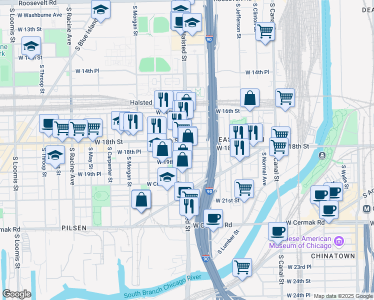 map of restaurants, bars, coffee shops, grocery stores, and more near 1817 South Halsted Street in Chicago