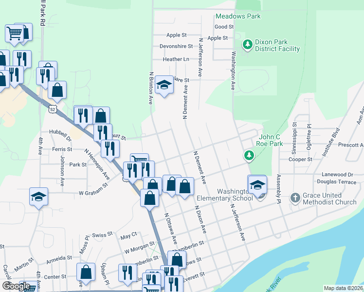 map of restaurants, bars, coffee shops, grocery stores, and more near 914 North Dixon Avenue in Dixon