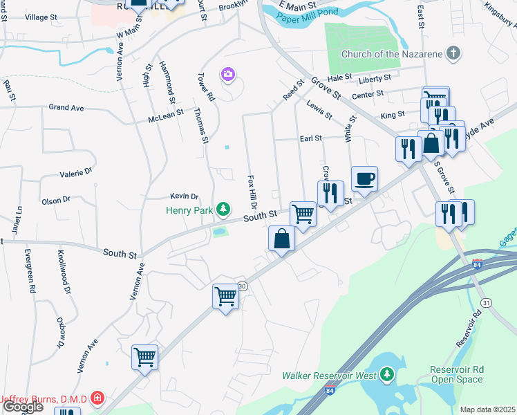 map of restaurants, bars, coffee shops, grocery stores, and more near 1A Fox Hill Drive in Vernon