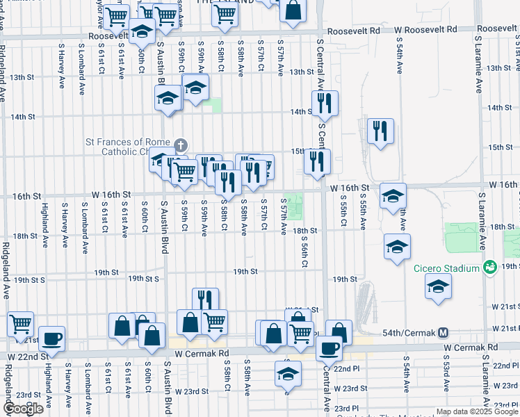 map of restaurants, bars, coffee shops, grocery stores, and more near 1618 South 57th Court in Cicero