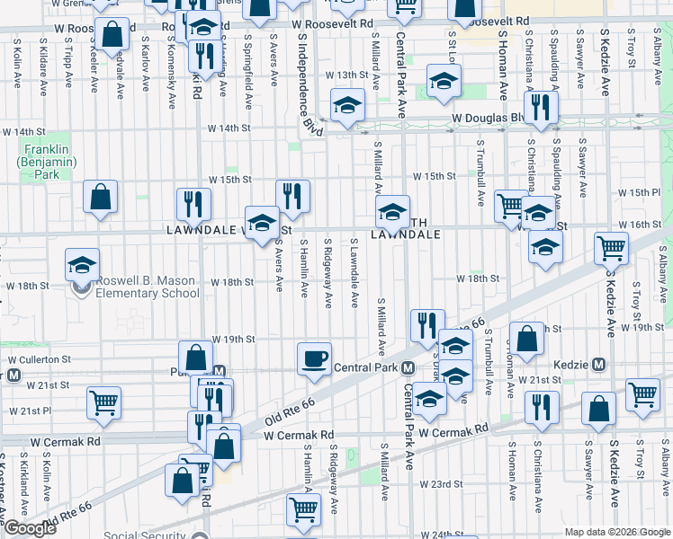 map of restaurants, bars, coffee shops, grocery stores, and more near 1649 S Ridgeway Ave in Chicago