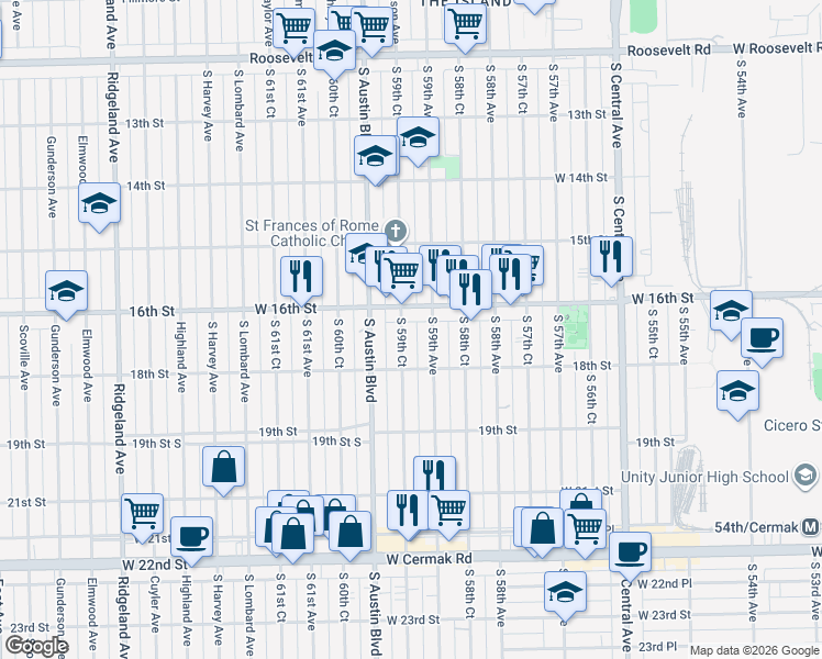 map of restaurants, bars, coffee shops, grocery stores, and more near 1615 South 59th Court in Cicero