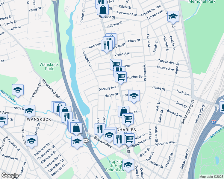 map of restaurants, bars, coffee shops, grocery stores, and more near 22 Dorothy Avenue in Providence