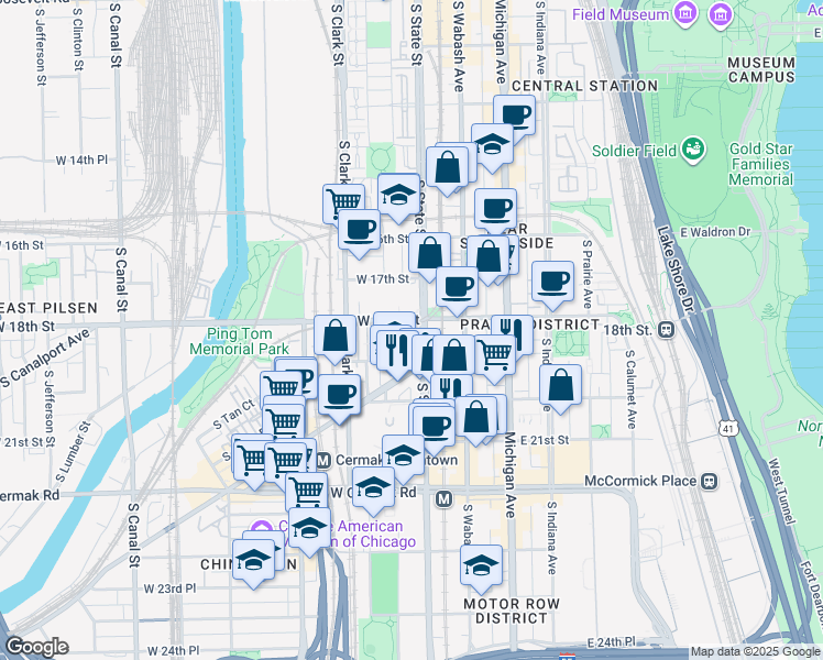 map of restaurants, bars, coffee shops, grocery stores, and more near 1805 South State Street in Chicago
