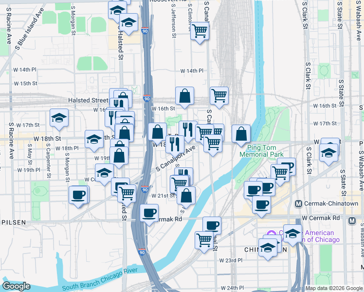 map of restaurants, bars, coffee shops, grocery stores, and more near 1800 South Jefferson Street in Chicago