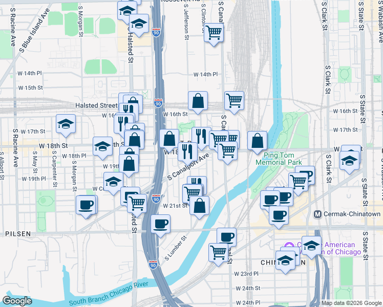 map of restaurants, bars, coffee shops, grocery stores, and more near 1800 South Jefferson Street in Chicago