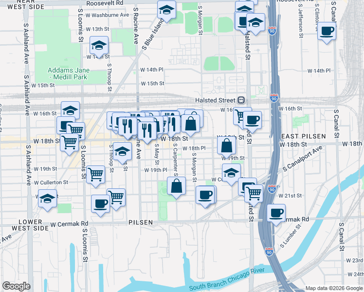 map of restaurants, bars, coffee shops, grocery stores, and more near 1020 West 18th Place in Chicago