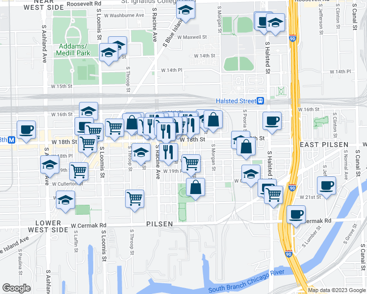 map of restaurants, bars, coffee shops, grocery stores, and more near 1116 West 18th Place in Chicago