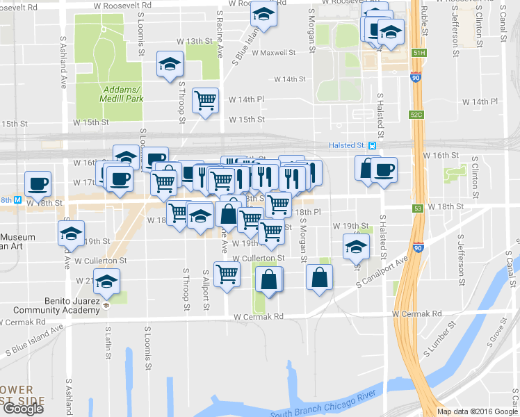 map of restaurants, bars, coffee shops, grocery stores, and more near in Chicago