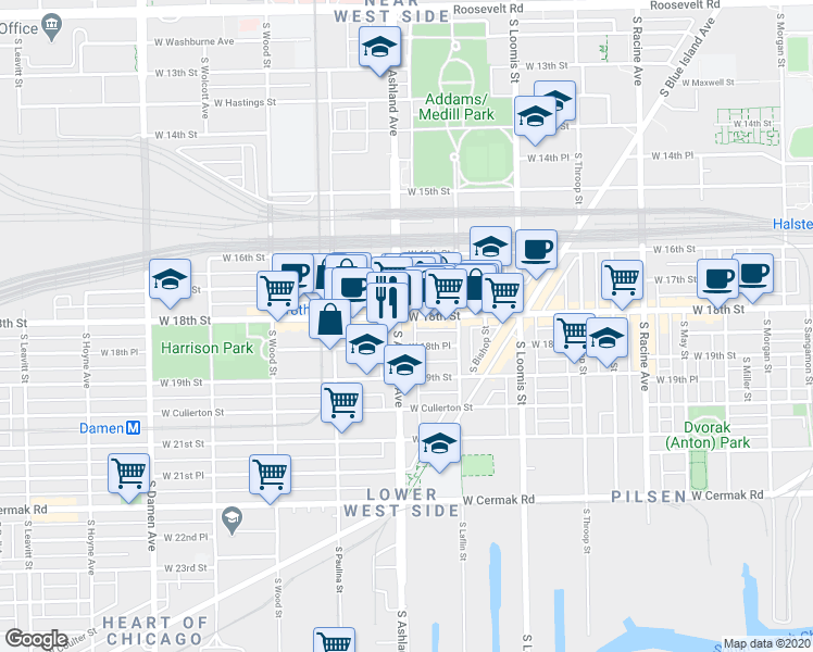 map of restaurants, bars, coffee shops, grocery stores, and more near 1725 South Ashland Avenue in Chicago