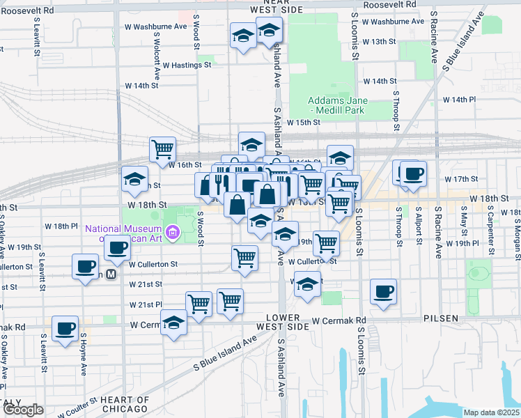 map of restaurants, bars, coffee shops, grocery stores, and more near 1631 West 18th Street in Chicago