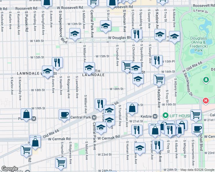 map of restaurants, bars, coffee shops, grocery stores, and more near 1651 South Saint Louis Avenue in Chicago