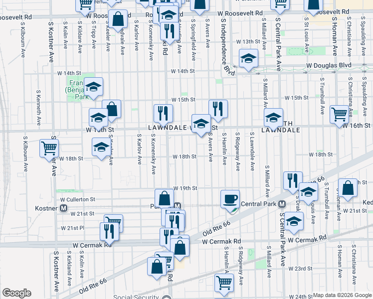 map of restaurants, bars, coffee shops, grocery stores, and more near 1646 South Springfield Avenue in Chicago