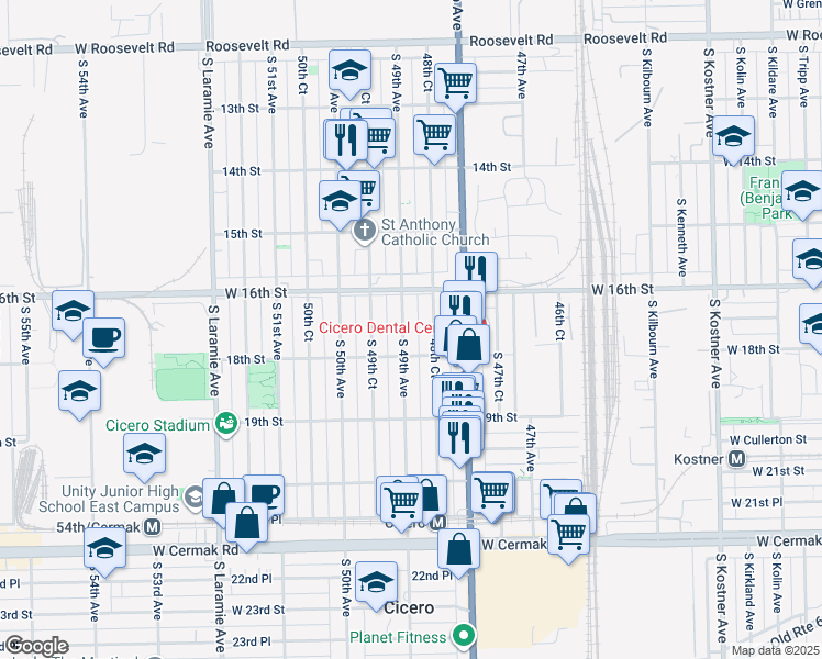 map of restaurants, bars, coffee shops, grocery stores, and more near 1624 South 49th Avenue in Chicago