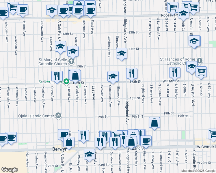 map of restaurants, bars, coffee shops, grocery stores, and more near 1612 Gunderson Avenue in Berwyn