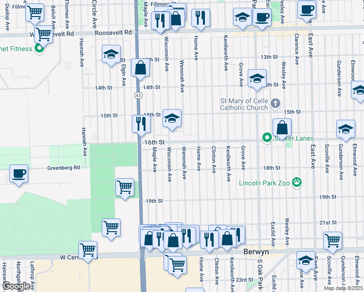 map of restaurants, bars, coffee shops, grocery stores, and more near 7014 16th Street in Berwyn