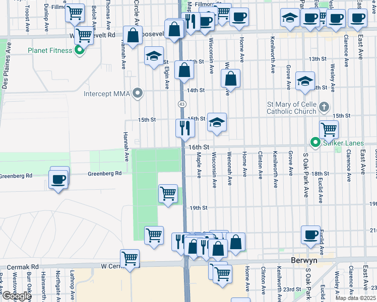 map of restaurants, bars, coffee shops, grocery stores, and more near 22 South Harlem Avenue in Forest Park