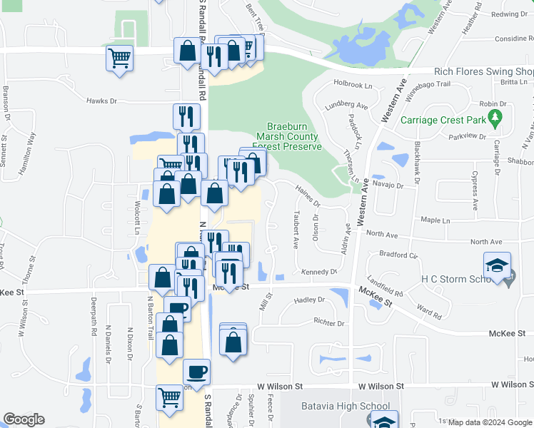 map of restaurants, bars, coffee shops, grocery stores, and more near 398 Mill Street in Batavia