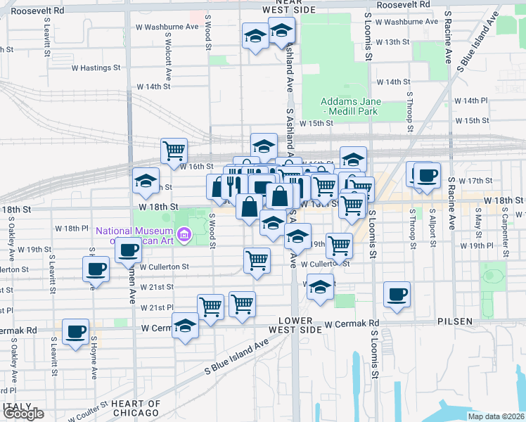 map of restaurants, bars, coffee shops, grocery stores, and more near 1641 West 18th Street in Chicago