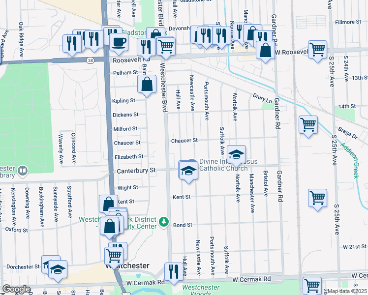 map of restaurants, bars, coffee shops, grocery stores, and more near 1515 Hull Avenue in Westchester