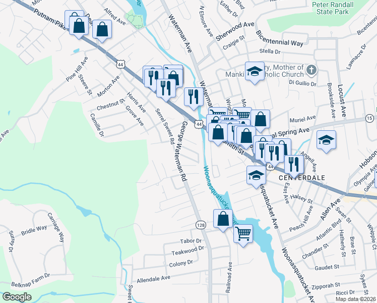 map of restaurants, bars, coffee shops, grocery stores, and more near 7 Swan St in Johnston