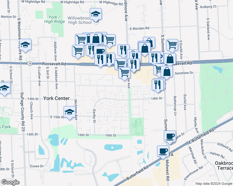 map of restaurants, bars, coffee shops, grocery stores, and more near 18W067 Kirkland Lane in Villa Park