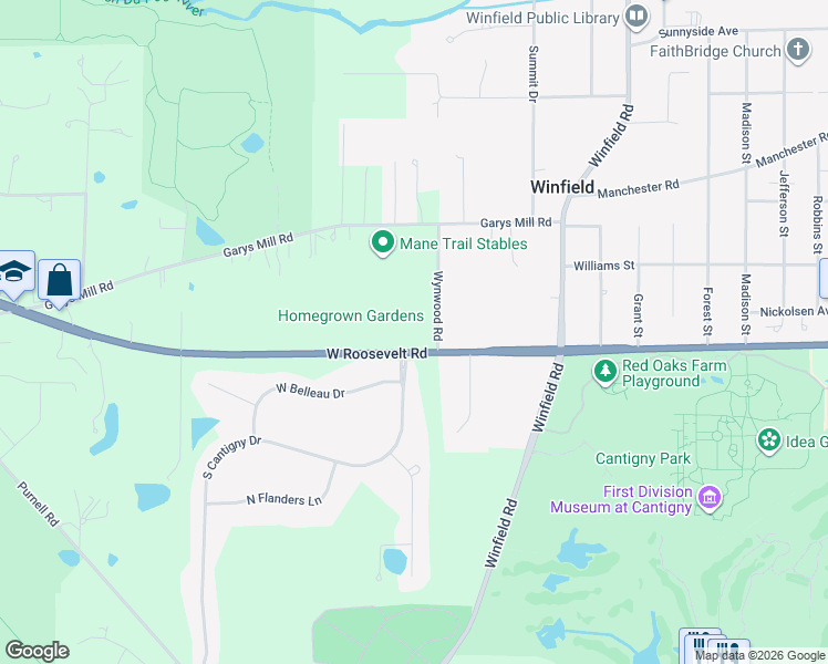 map of restaurants, bars, coffee shops, grocery stores, and more near 28W052 Roosevelt Road in Winfield
