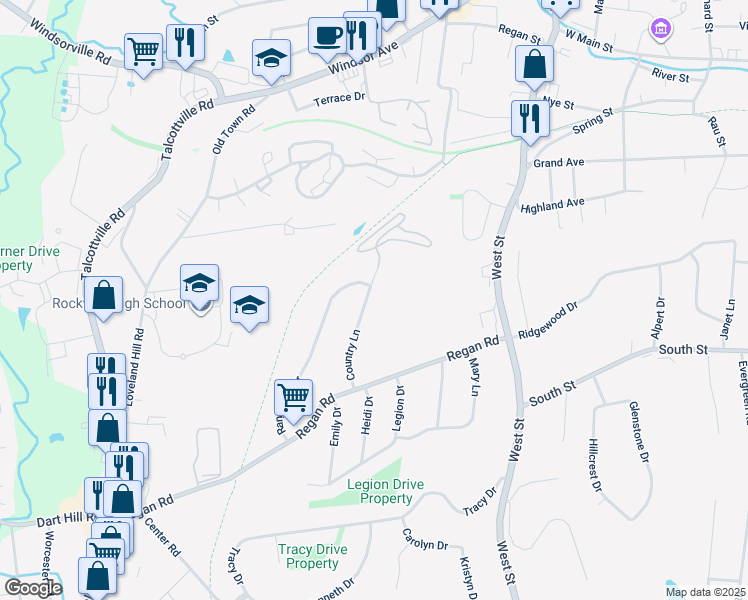 map of restaurants, bars, coffee shops, grocery stores, and more near 58 Country Lane in Vernon