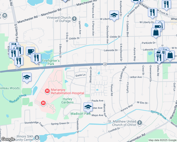 map of restaurants, bars, coffee shops, grocery stores, and more near 1667 Grosvenor Circle in Wheaton