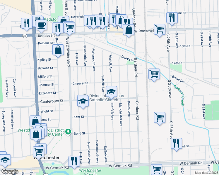map of restaurants, bars, coffee shops, grocery stores, and more near 1516 Norfolk Avenue in Westchester