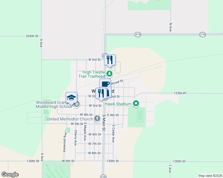 map of restaurants, bars, coffee shops, grocery stores, and more near 109 E 1st St in Woodward