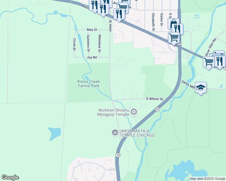 map of restaurants, bars, coffee shops, grocery stores, and more near 110 Whispering Oaks Drive in West Chicago
