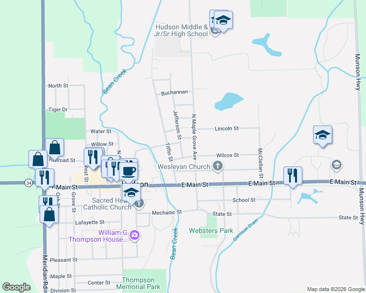 map of restaurants, bars, coffee shops, grocery stores, and more near 115 Jefferson Street in Hudson