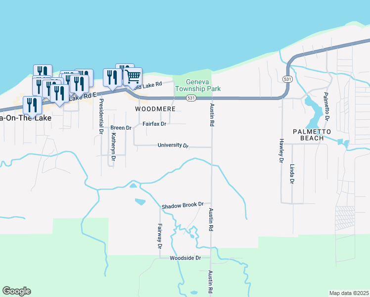 map of restaurants, bars, coffee shops, grocery stores, and more near 5094 University Drive in Geneva
