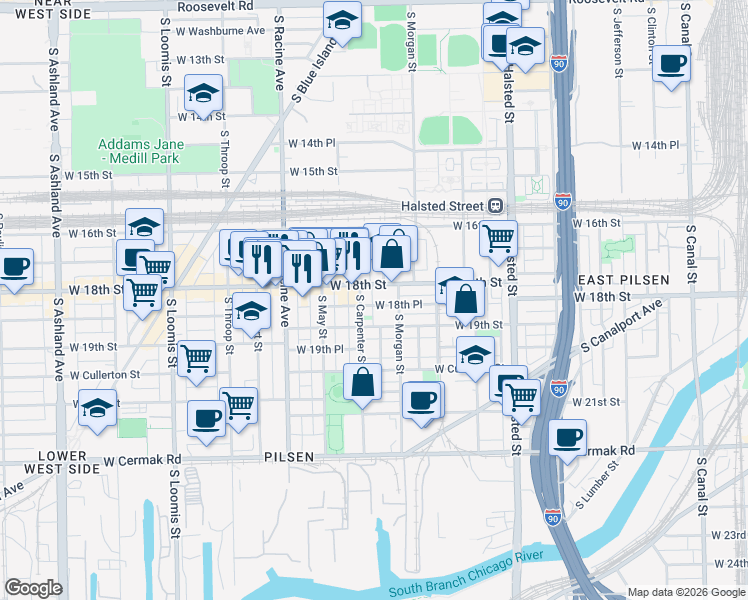 map of restaurants, bars, coffee shops, grocery stores, and more near 1020 West 18th Place in Chicago