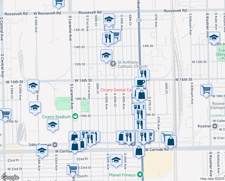 map of restaurants, bars, coffee shops, grocery stores, and more near 1622 South 49th Court in Cicero