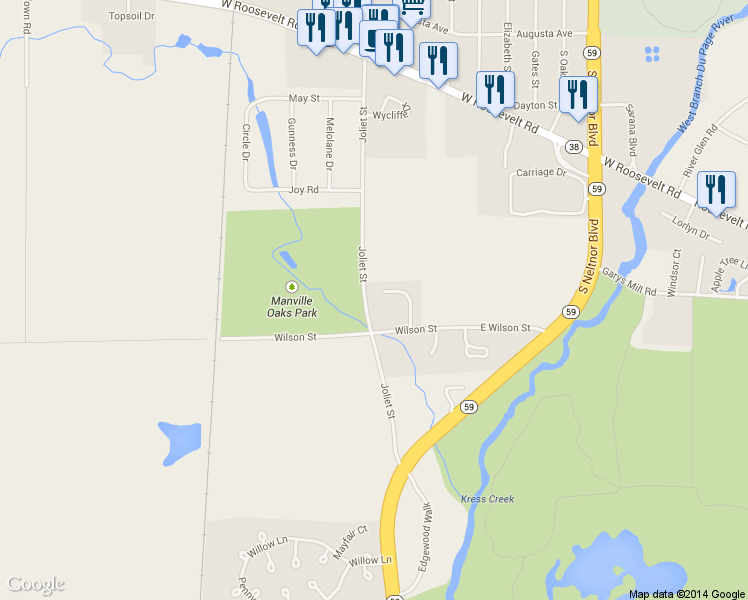 map of restaurants, bars, coffee shops, grocery stores, and more near 110 Whispering Oaks Dr in West Chicago